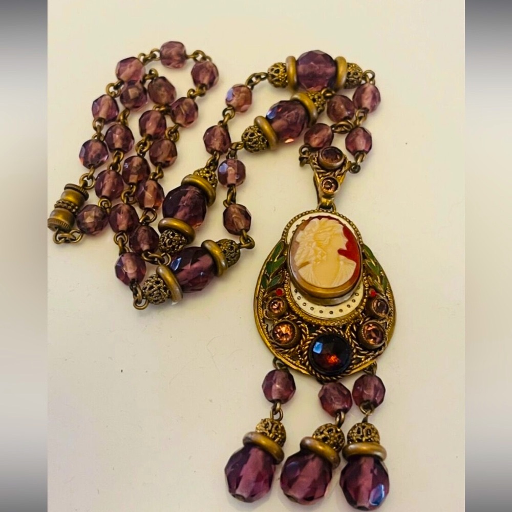 RARE Neiger Purple Czech Glass Cameo Necklace Antique Art Deco Glass & Enamel